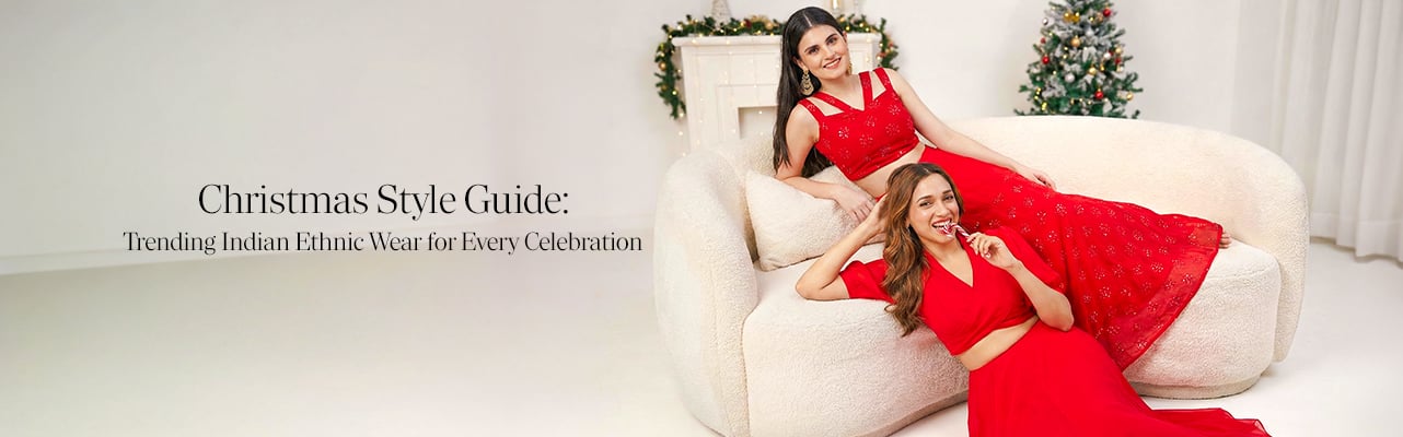 Christmas style guide showcasing trending Indian ethnic wear outfits perfect for festive celebrations and holiday gatherings.