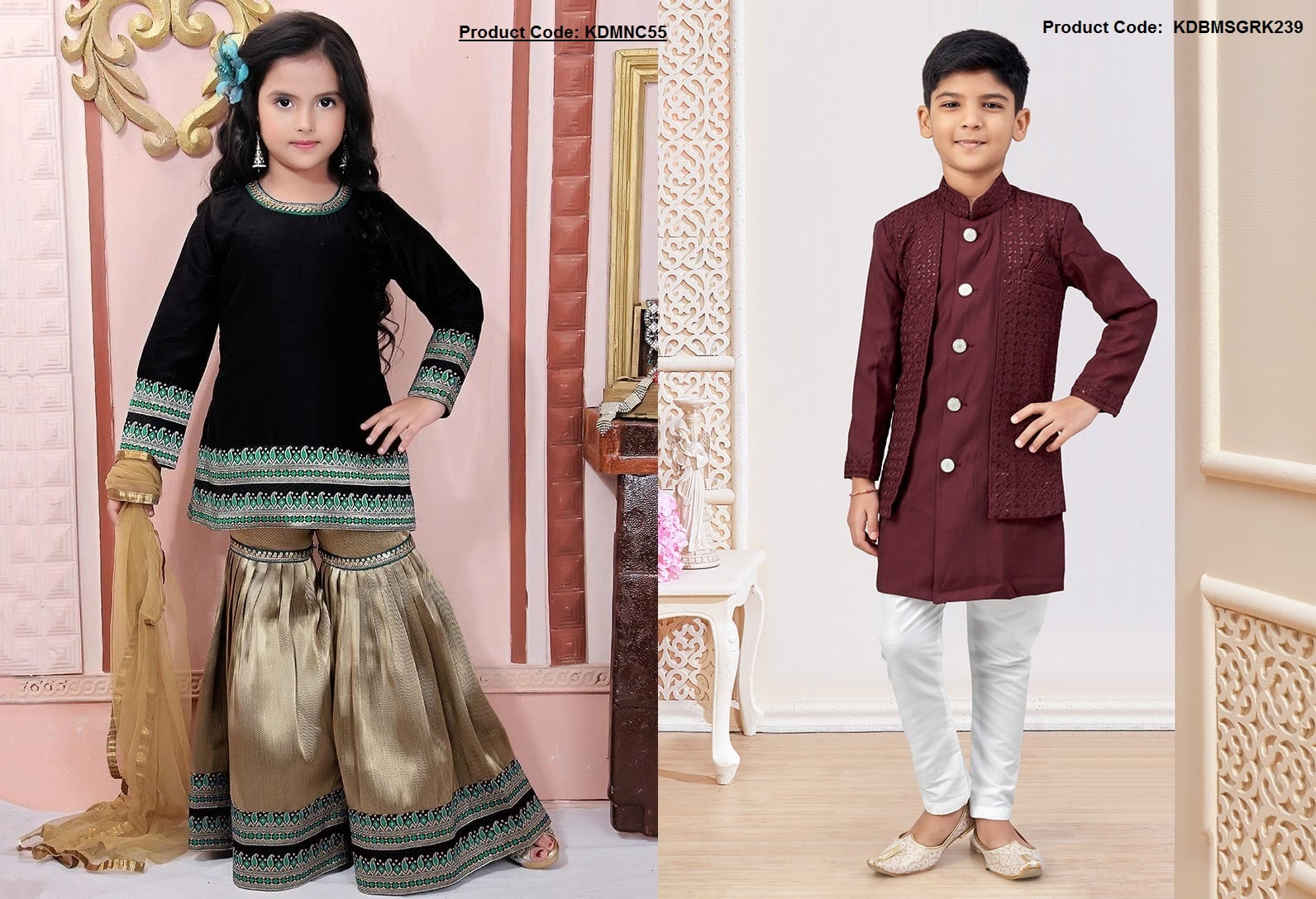 Kids wearing vibrant girl sharara suit and stylish boys Indo-Western sherwani for festive traditional celebrations Kids wearing vibrant girl sharara suit and stylish boys Indo-Western sherwani for festive traditional celebrations