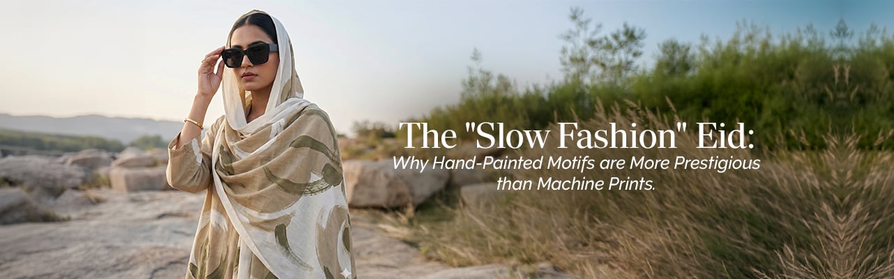 Elegant hand-painted Eid clothing with intricate motifs, highlighting slow fashion craftsmanship over machine-printed designs.