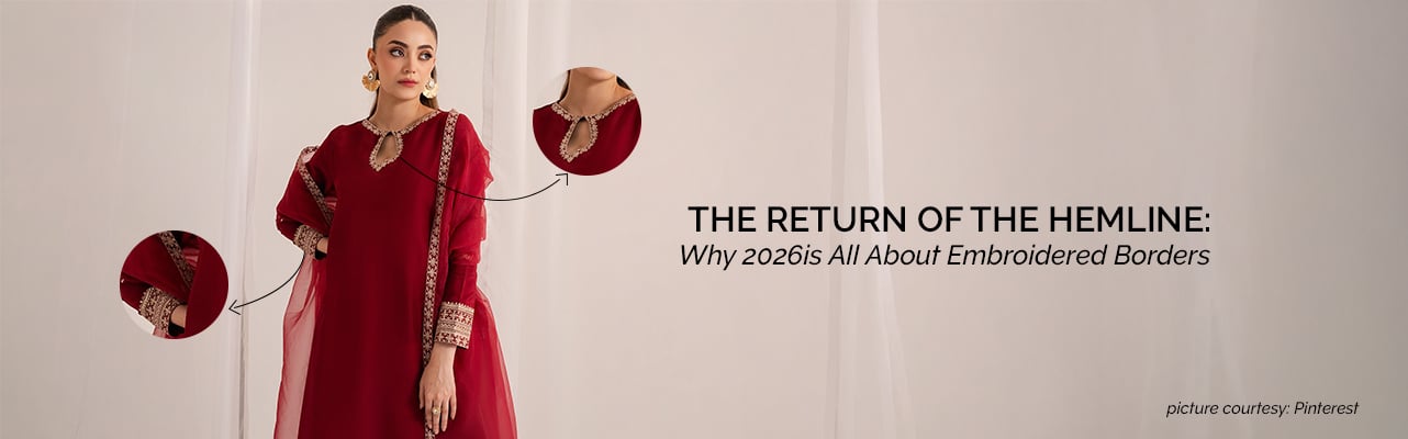 Fashion-forward 2026 trend: vibrant hemlines with intricate embroidered borders on skirts and dresses