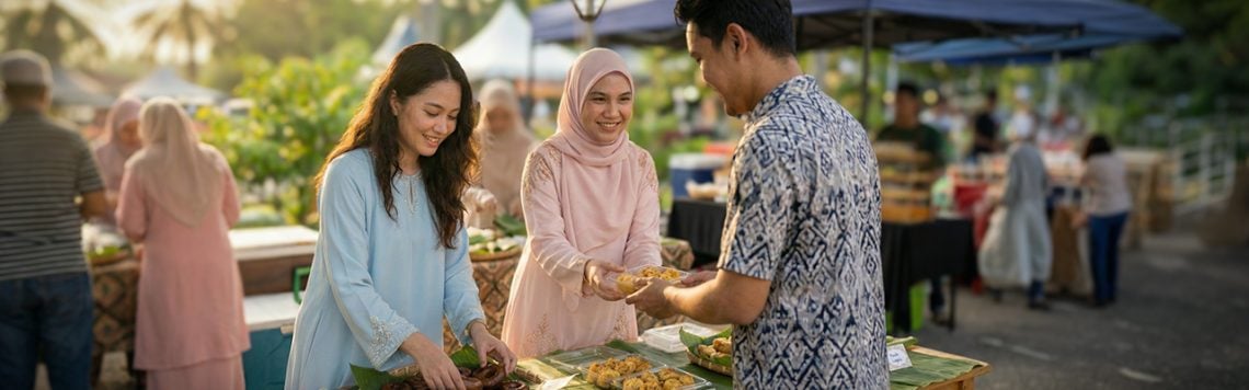 Muslims celebrating Eid al-Fitr with prayers, food, charity, and joyful family gatherings in festive attire.