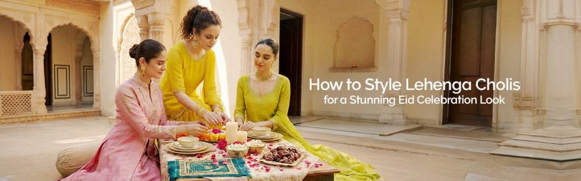 Elegant lehenga choli styled with intricate embroidery, perfect for a glamorous Eid celebration look