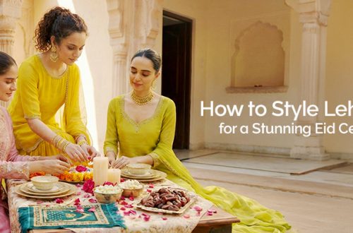 Elegant lehenga choli styled with intricate embroidery, perfect for a glamorous Eid celebration look