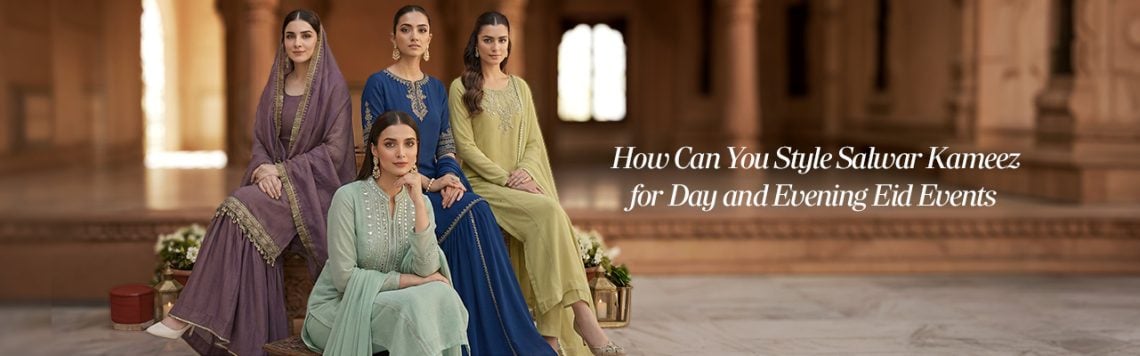 Salwar kameez styled for Eid day and evening events with elegant accessories and festive detailing.