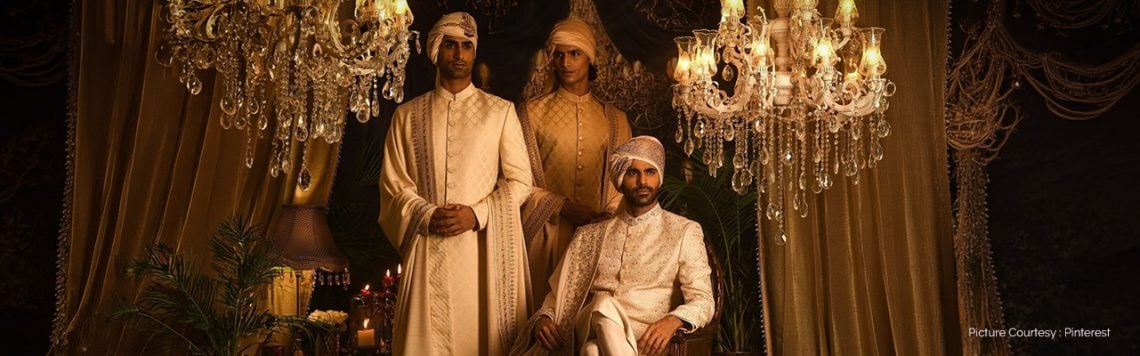 Midnight blue velvet sherwani with royal embroidery, designer party wear style outfit